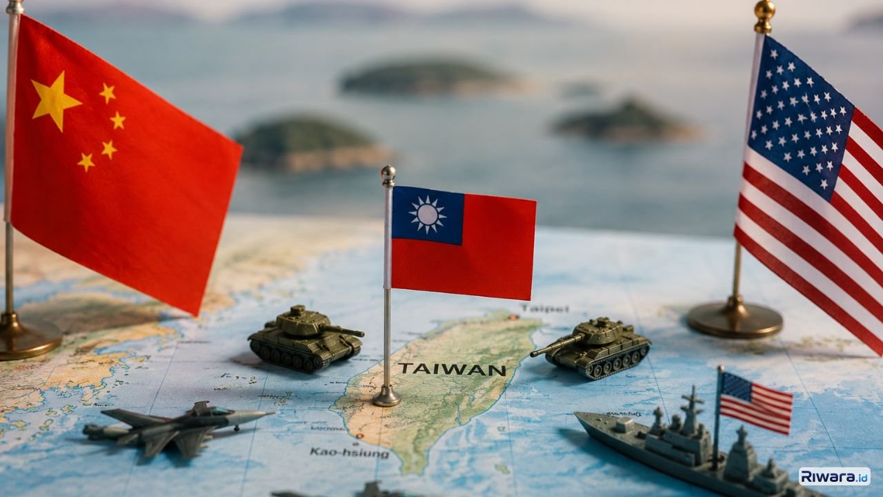 Ilustrasi ketegangan geopolitik antara Amerika Serikat China dan Taiwan terkait penjualan senjata serta isu keamanan di kawasan Asia Timur